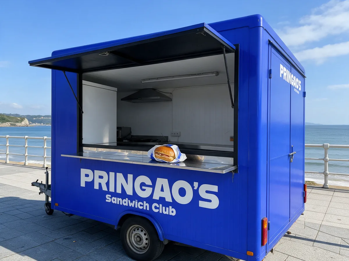 La foodtruck azul de Pringao’s aparcada en el paseo marítimo, con un brioche en el mostrador.